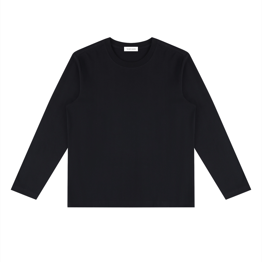 A plain white long-sleeve crewneck t-shirt laid flat against a solid white background.