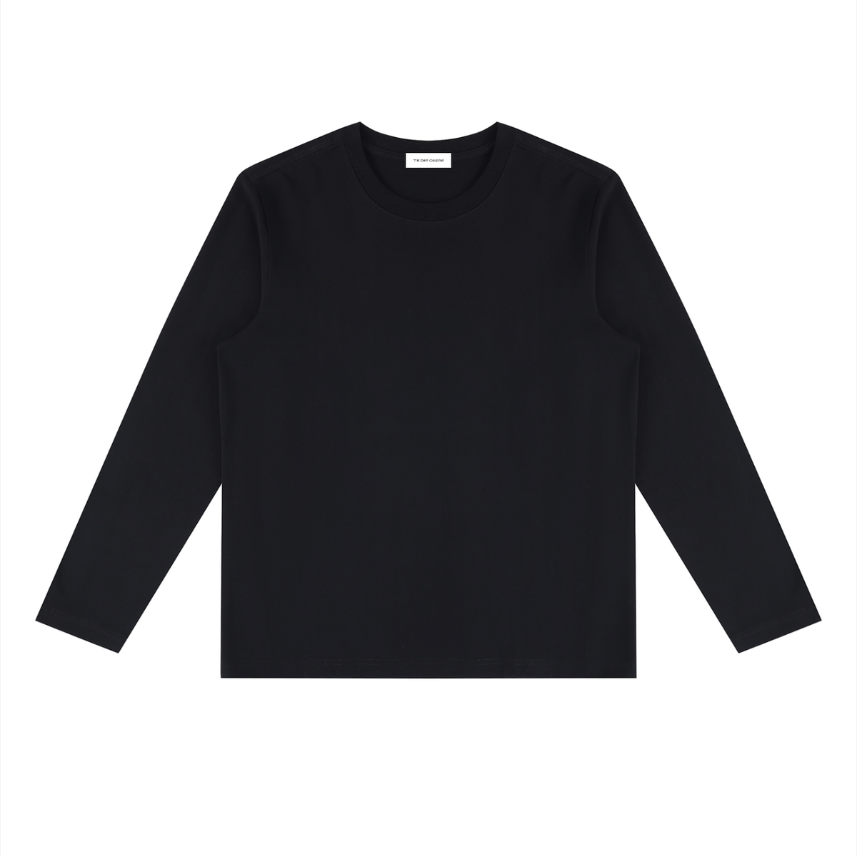 A plain white long-sleeve crewneck t-shirt laid flat against a solid white background.