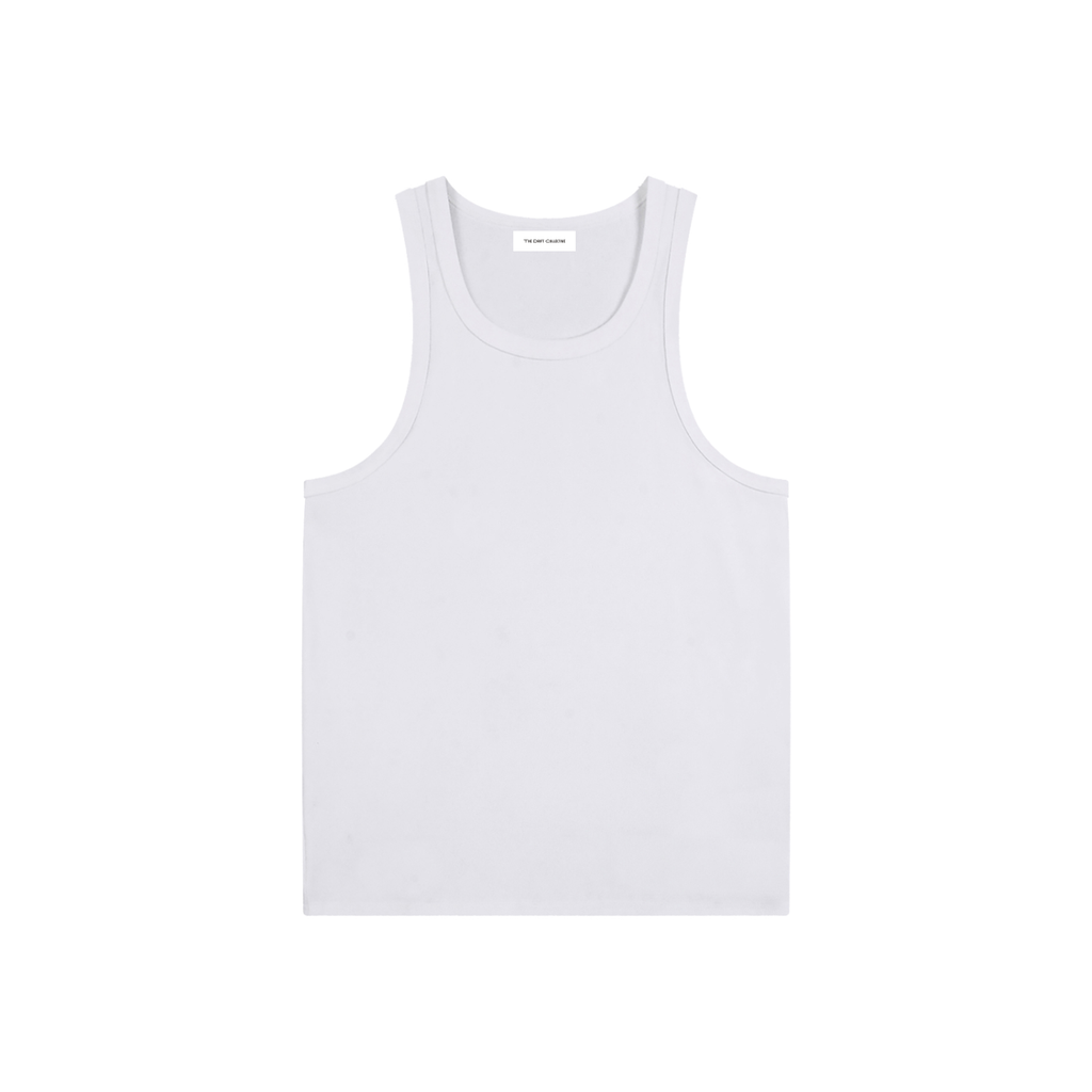 A plain white tank top laid flat against a solid white background.
