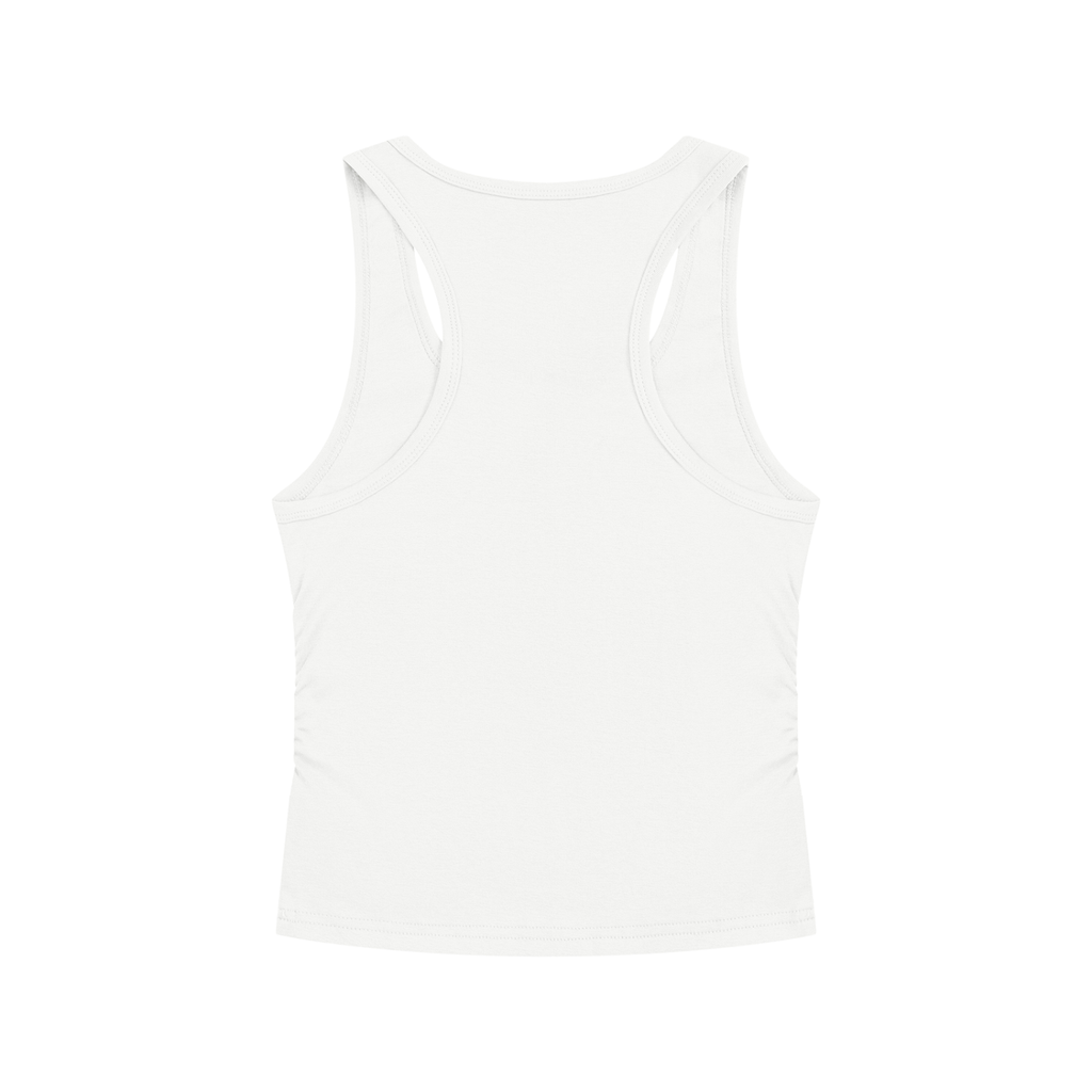 A white racerback tank top shown from the back, photographed flat against a solid white background.