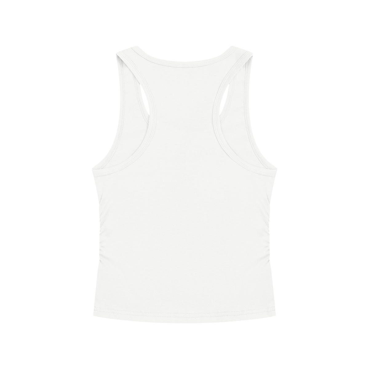 A white racerback tank top shown from the back, photographed flat against a solid white background.