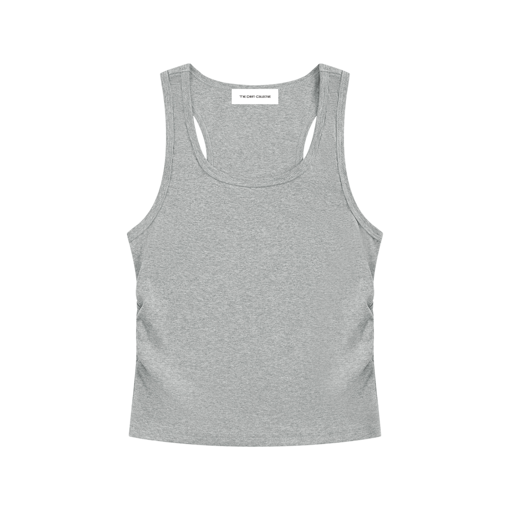 A light gray heather racerback tank top with a scoop neck, displayed flat against a solid white background.