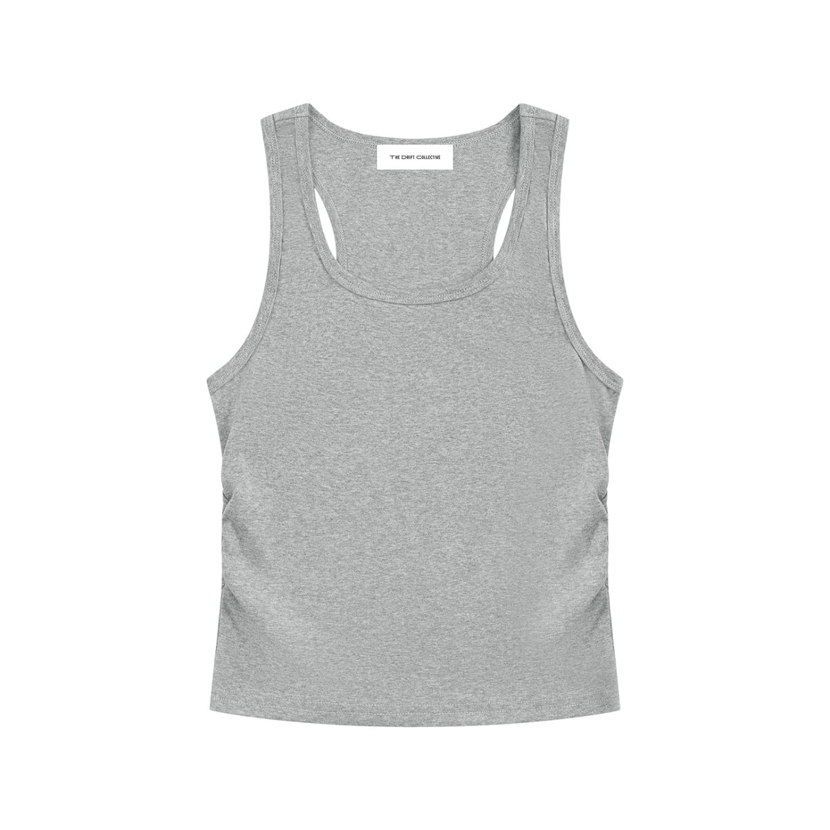 A light gray heather racerback tank top with a scoop neck, displayed flat against a solid white background.