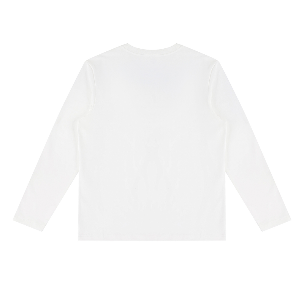 A white long-sleeve crewneck t-shirt shown from the back, laid flat against a solid white background.