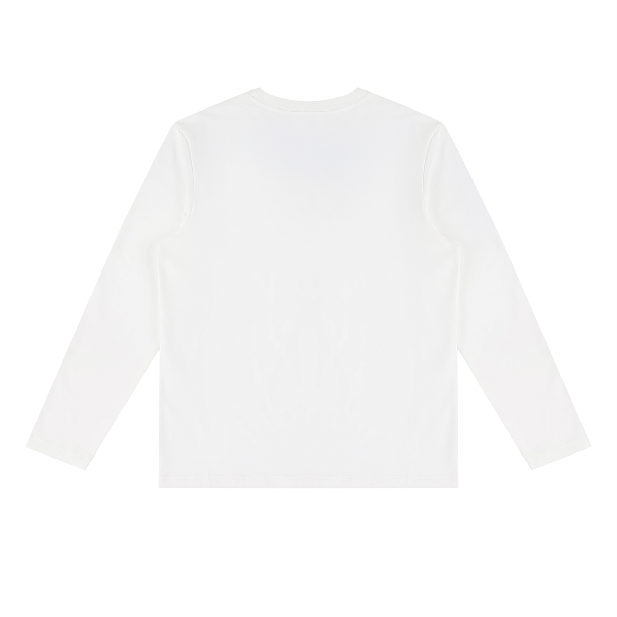 A white long-sleeve crewneck t-shirt shown from the back, laid flat against a solid white background.