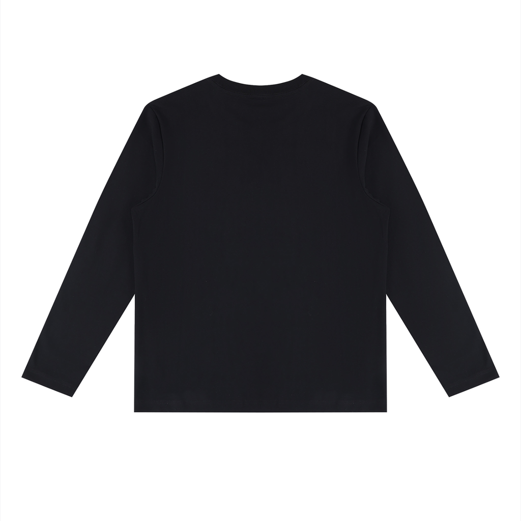 A black long-sleeve crewneck t-shirt shown from the back, laid flat against a solid white background.