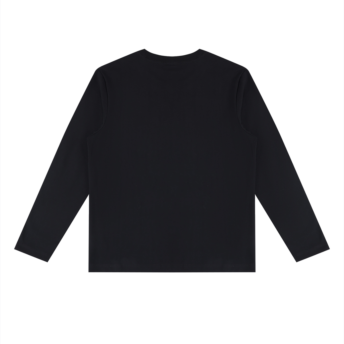 A black long-sleeve crewneck t-shirt shown from the back, laid flat against a solid white background.