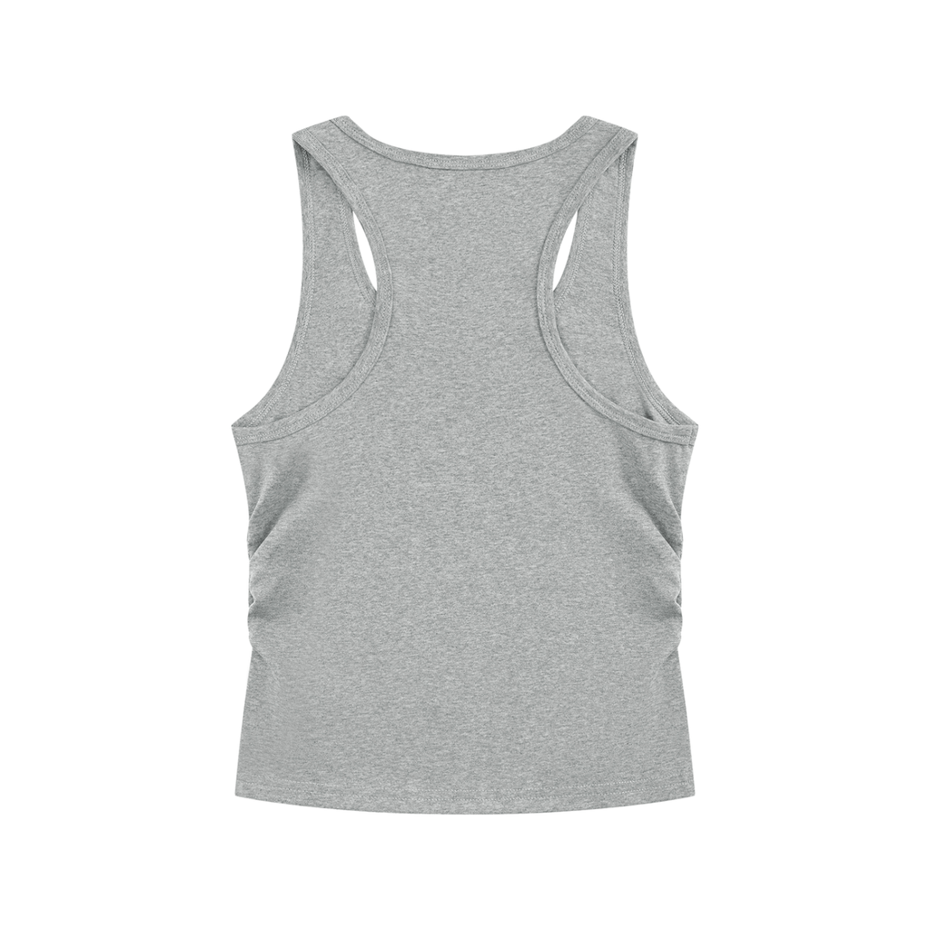 A light gray heather racerback tank top shown from the back, isolated on a solid white background.