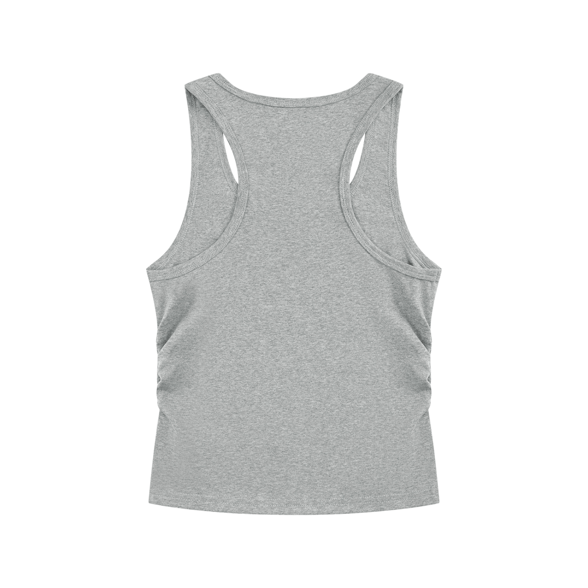 A light gray heather racerback tank top shown from the back, isolated on a solid white background.
