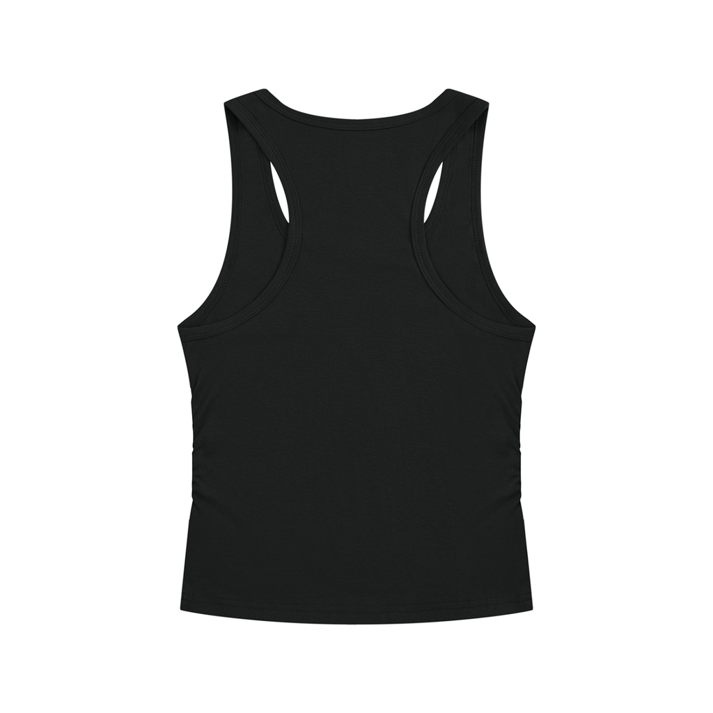 A black racerback tank top shown from the back, featuring double cutout straps, displayed on a solid white background.