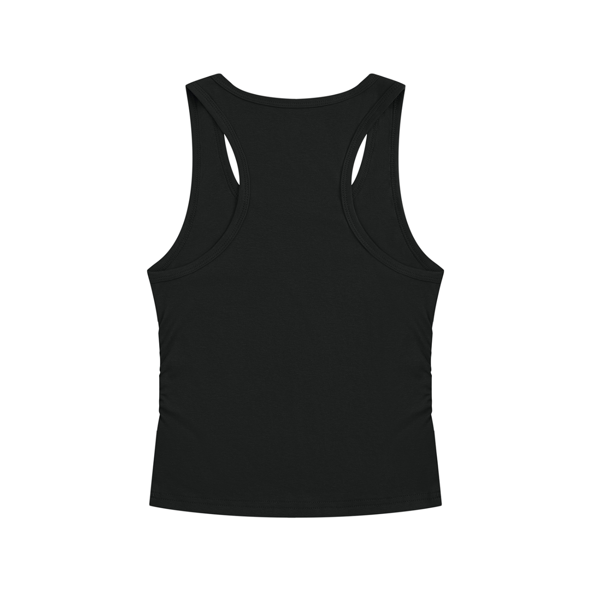 A black racerback tank top shown from the back, featuring double cutout straps, displayed on a solid white background.