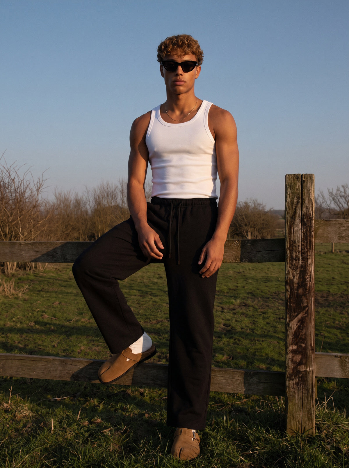 A man wearing a white tank top and black drawstring sweatpants stands outdoors on a grassy field beside a wooden fence, wearing sunglasses and tan loafers.