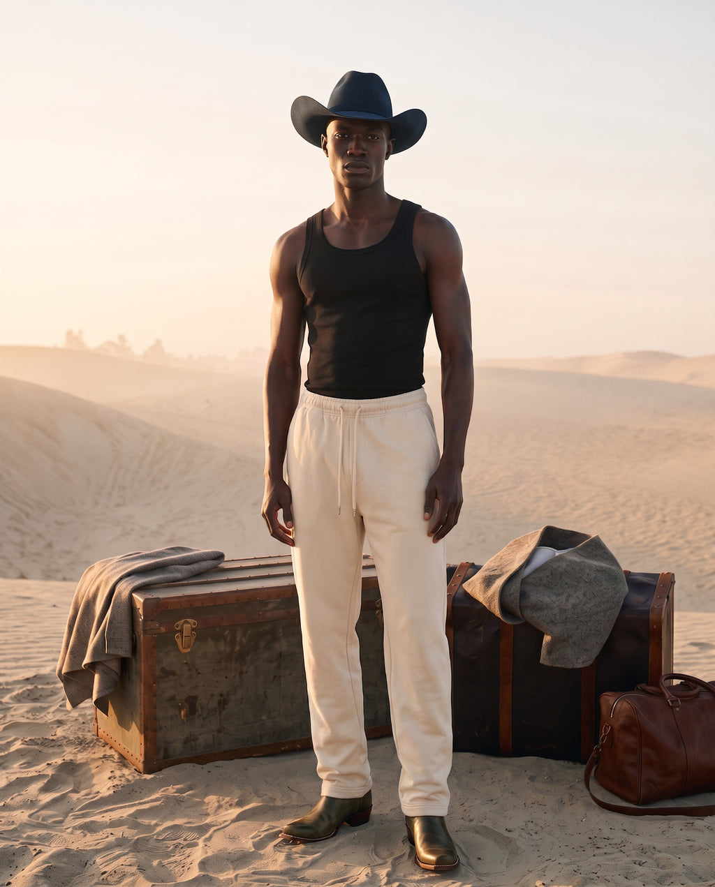 A man stands in a desert setting wearing a black tank top, off-white drawstring sweatpants, a black cowboy hat, and dark boots, with vintage-style trunks and a brown duffel bag nearby.