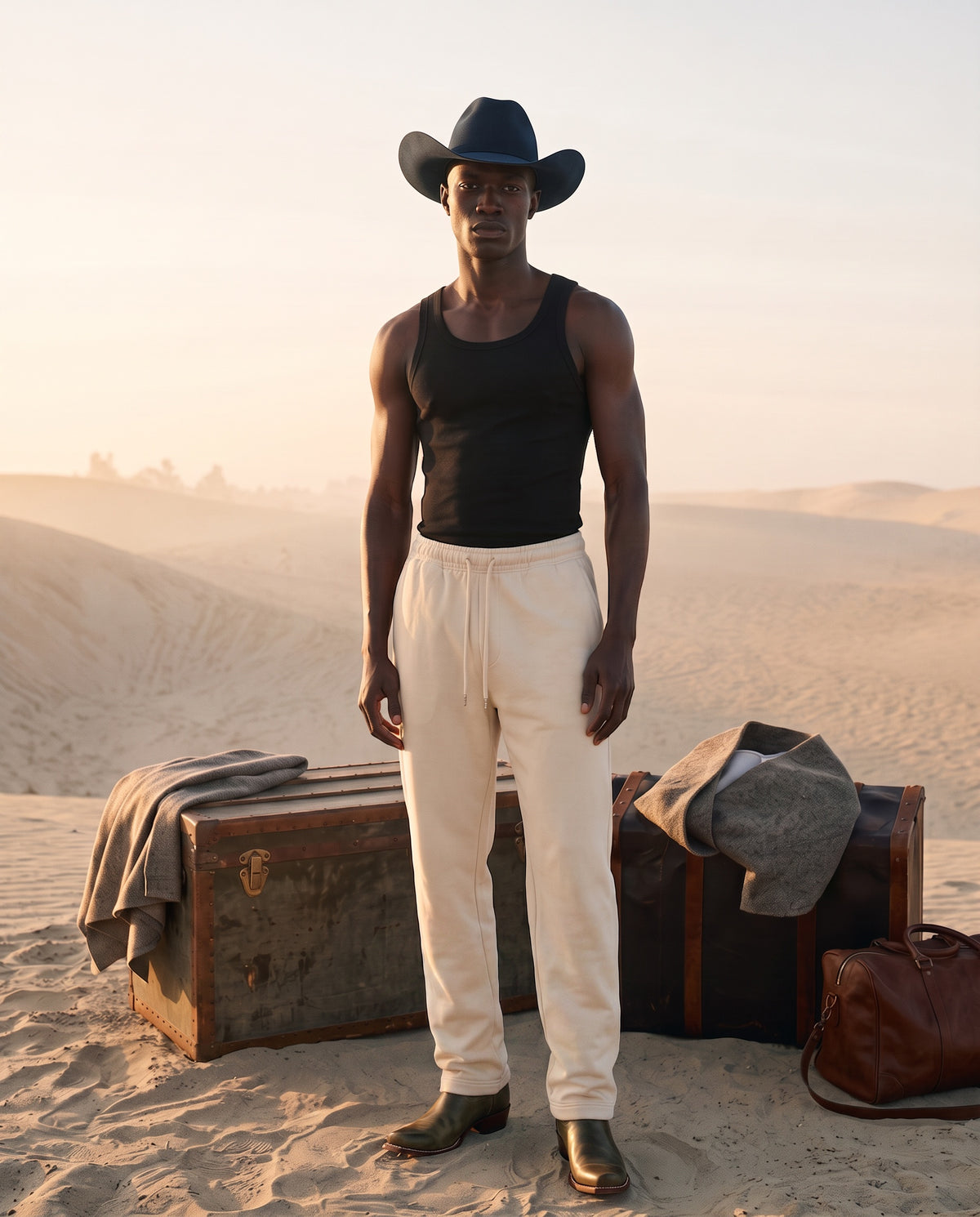 A man stands in a desert setting wearing a black tank top, off-white drawstring sweatpants, a black cowboy hat, and dark boots, with vintage-style trunks and a brown duffel bag nearby.