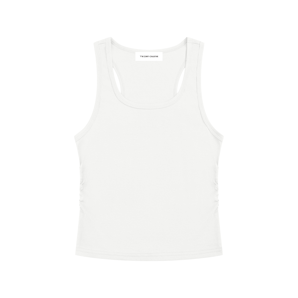 A white sleeveless tank top with a scoop neck and racerback design, shown flat against a solid white background.