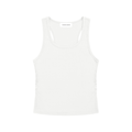 A white sleeveless tank top with a scoop neck and racerback design, shown flat against a solid white background.