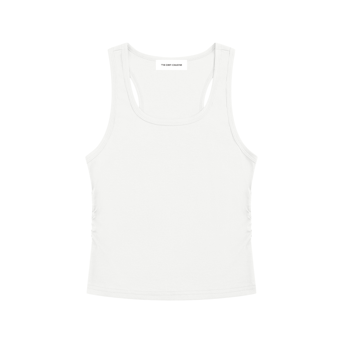 A white sleeveless tank top with a scoop neck and racerback design, shown flat against a solid white background.