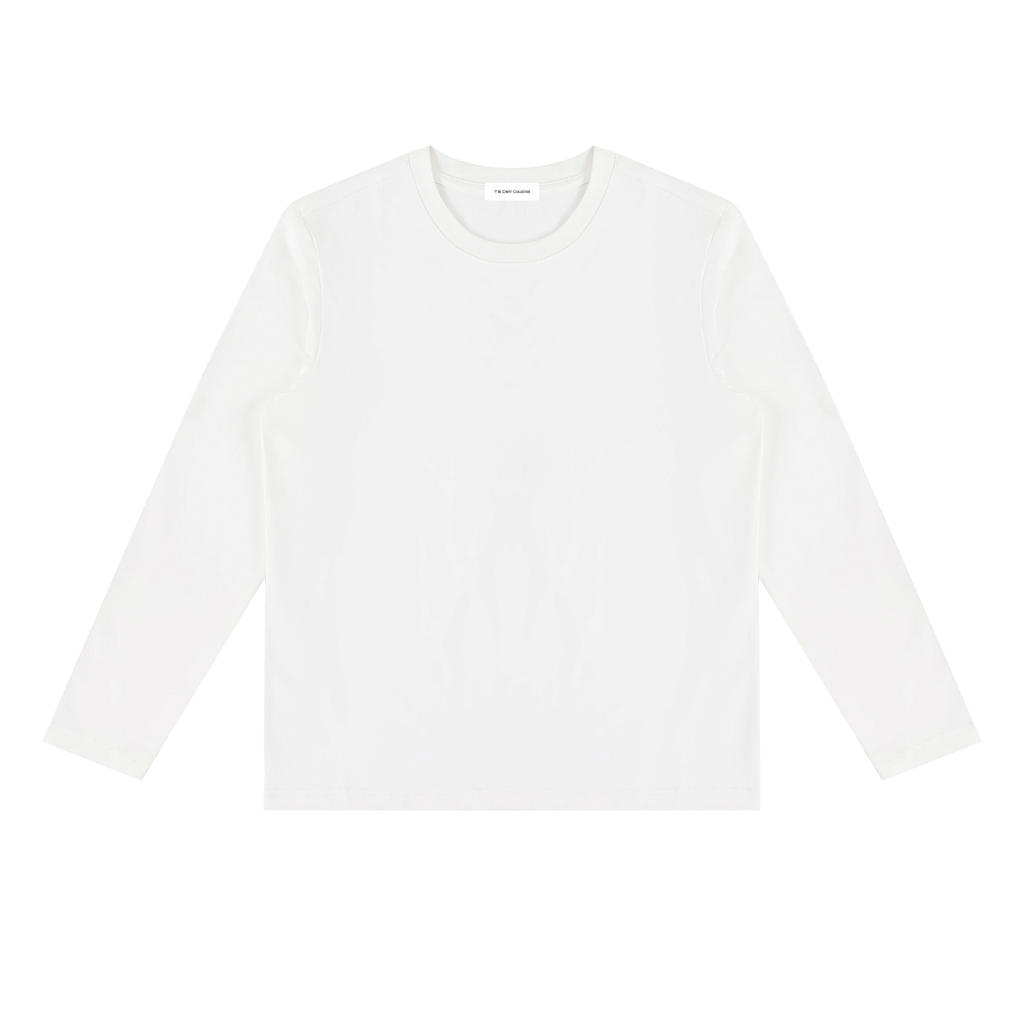 A plain white long-sleeve crewneck t-shirt laid flat against a solid white background.