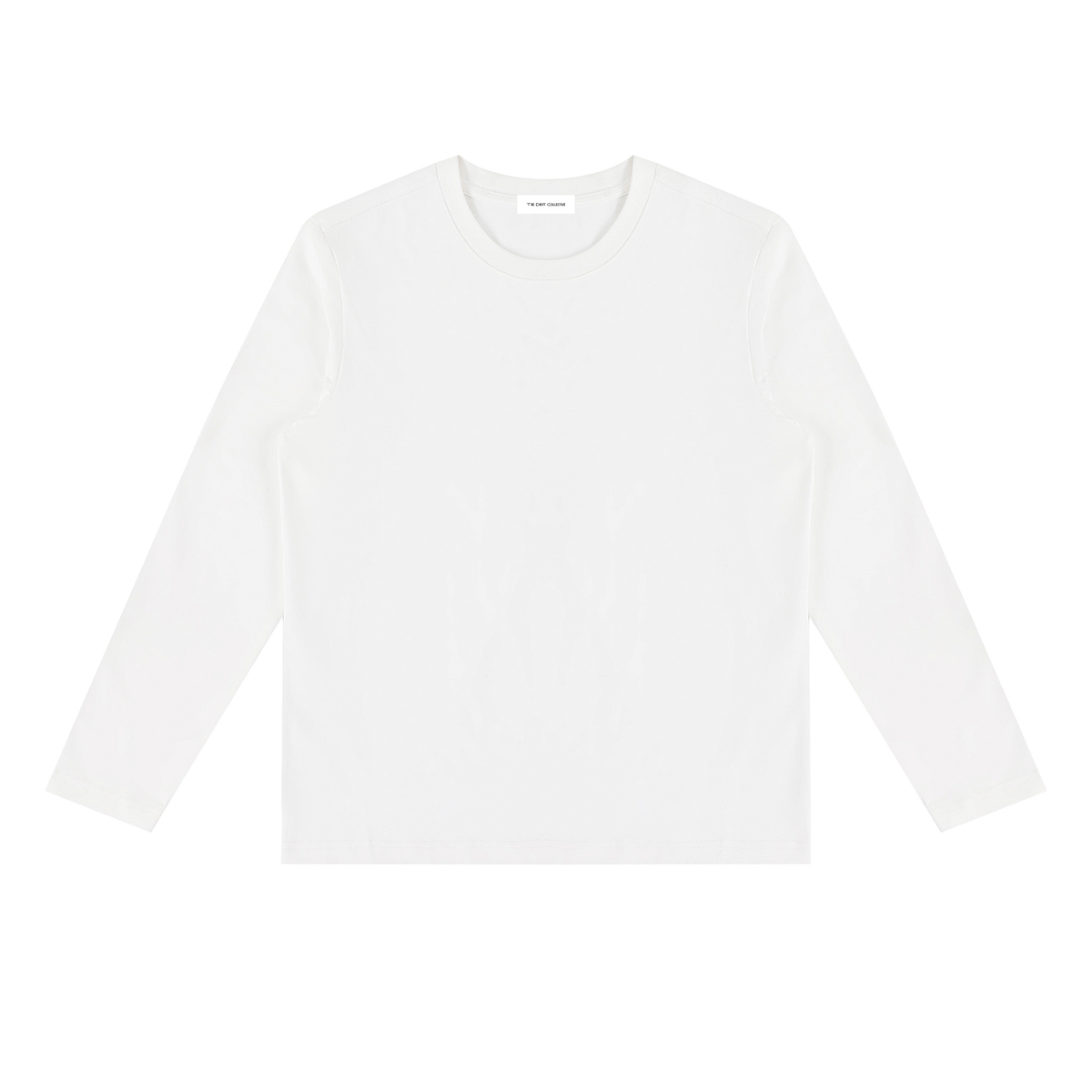 A plain white long-sleeve crewneck t-shirt laid flat against a solid white background.